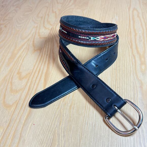 Men’s Western Belt Black Leather 34 cowboy Rodeo Black Silver Creek Needlepoint - Picture 1 of 7
